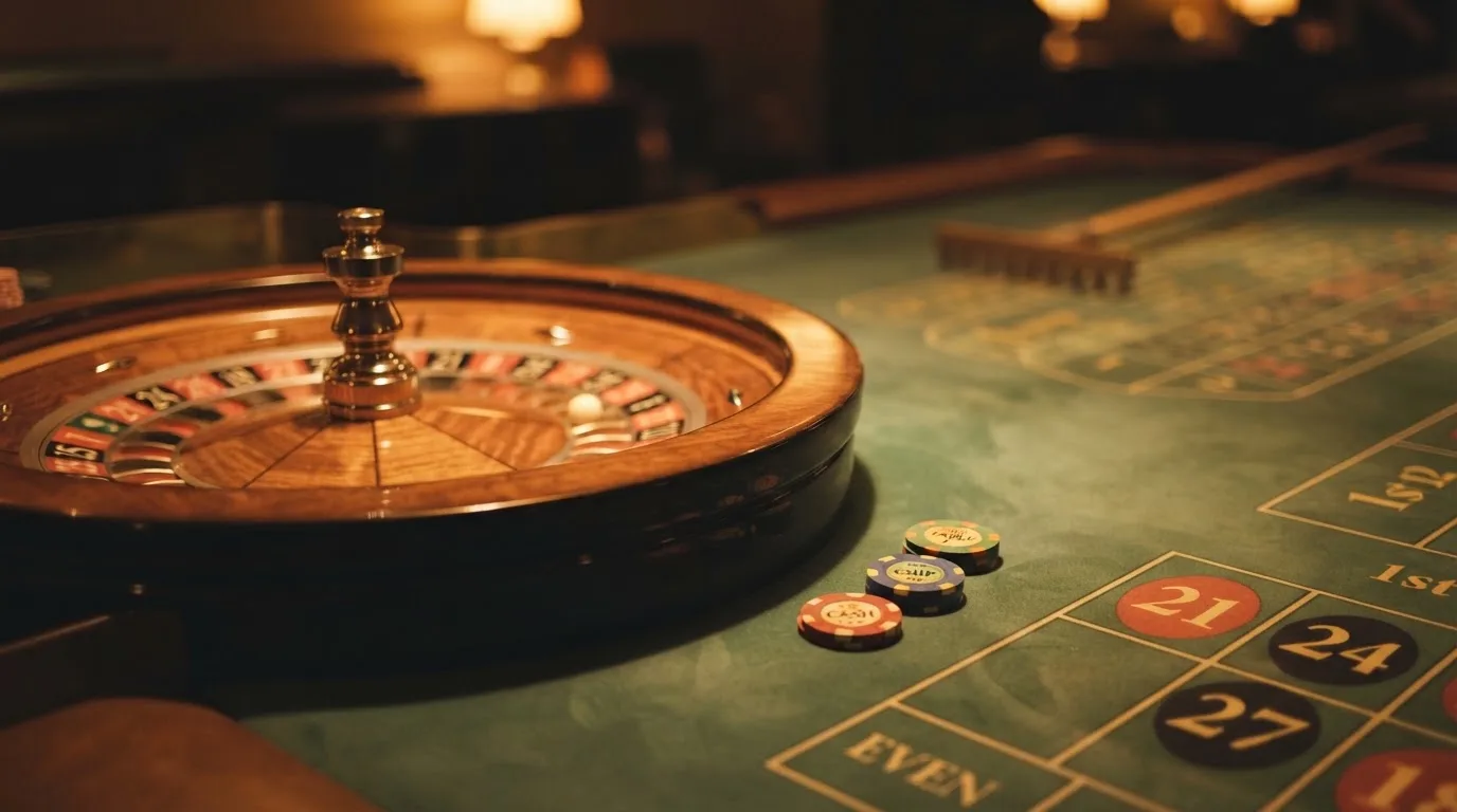 Roulettehjul och spelmarker på grön filt i varmt kvällsljus — 10 euro casino i sverige