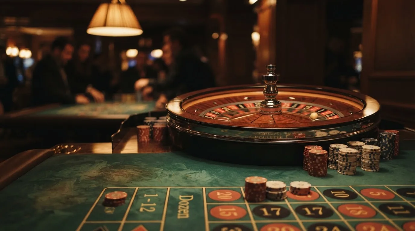 Roulettehjul och spelmarker på grön filt i varmt kvällsljus — 10 free spins casino i sverige