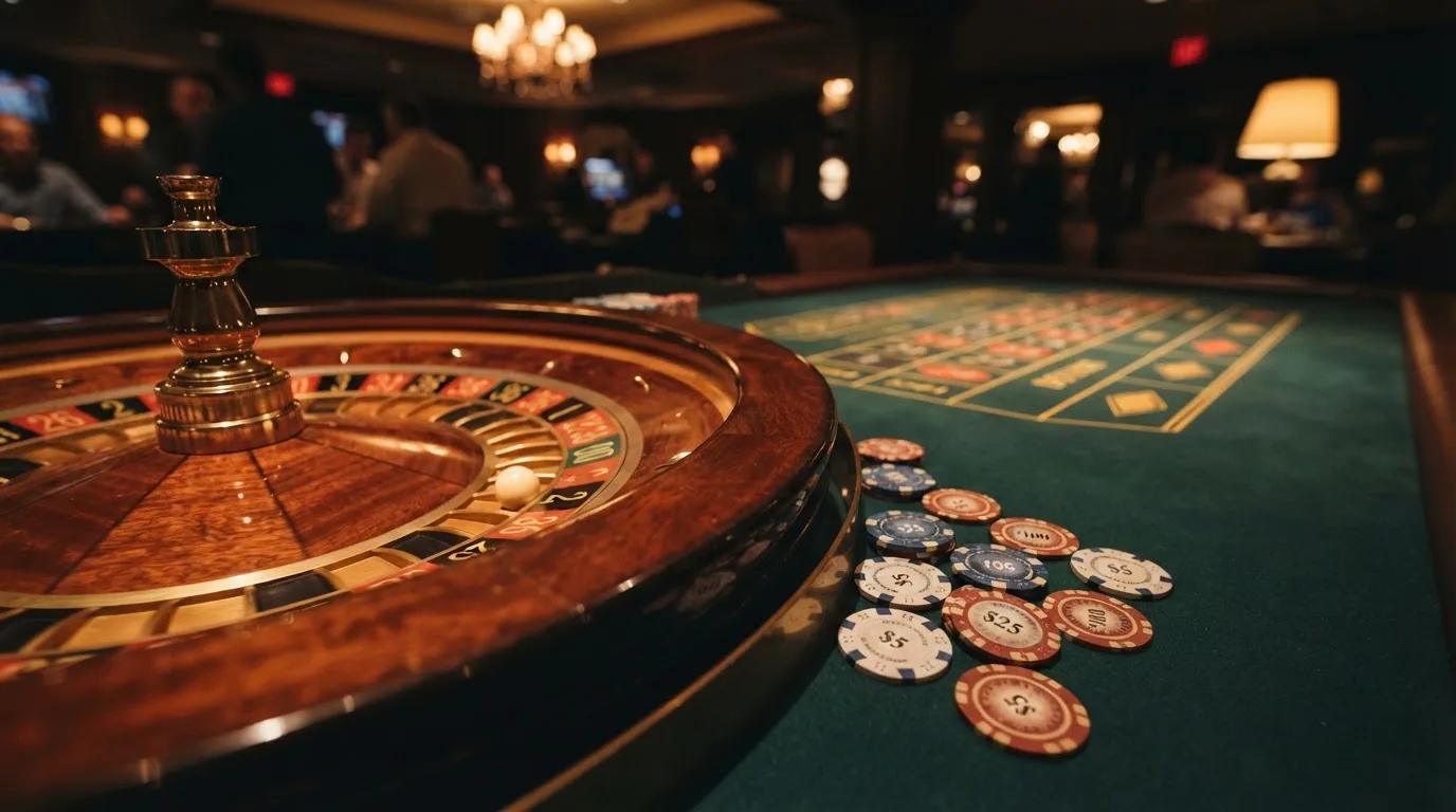 Roulettehjul och spelmarker på grön filt i varmt kvällsljus — 10 kr casino i sverige