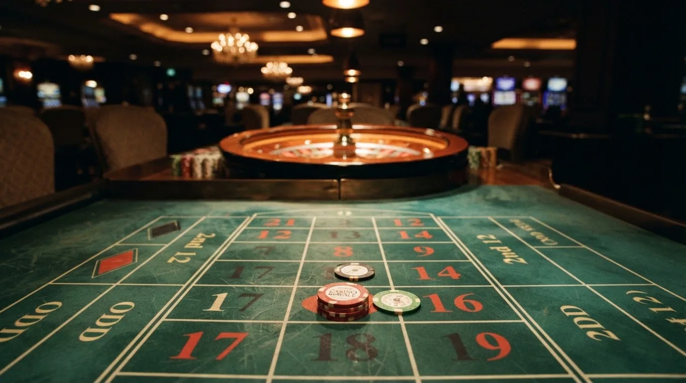 Roulettehjul och spelmarker på grön filt i varmt kvällsljus — 100 euro casino i sverige
