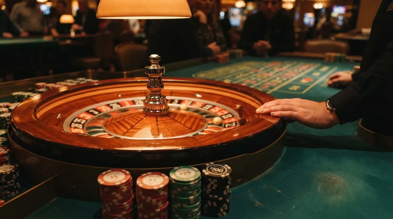 Roulettehjul och spelmarker på grön filt i varmt kvällsljus — 100 free spins casino i sverige