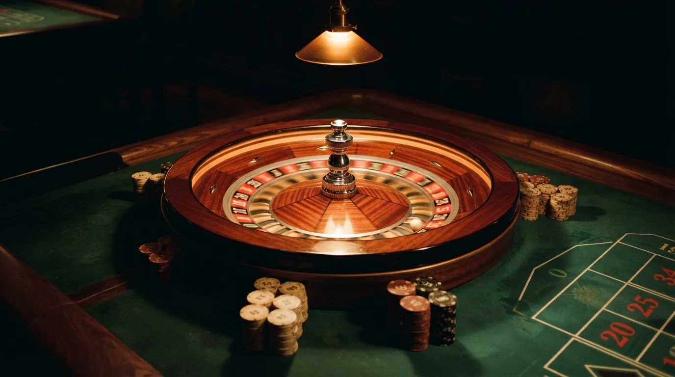 Roulettehjul och spelmarker på grön filt i varmt kvällsljus — 150 free spins casino i sverige