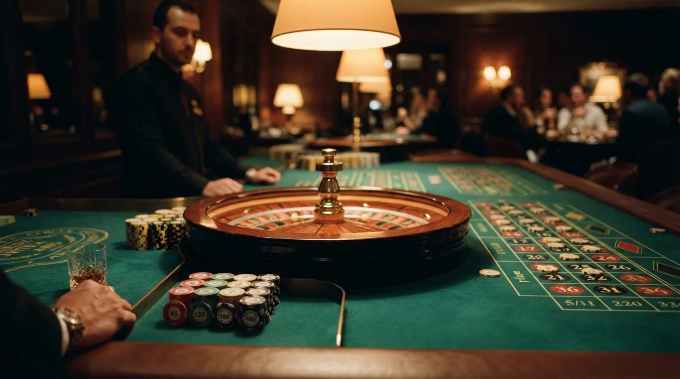 Roulettehjul och spelmarker på grön filt i varmt kvällsljus — bästa blackjack i sverige
