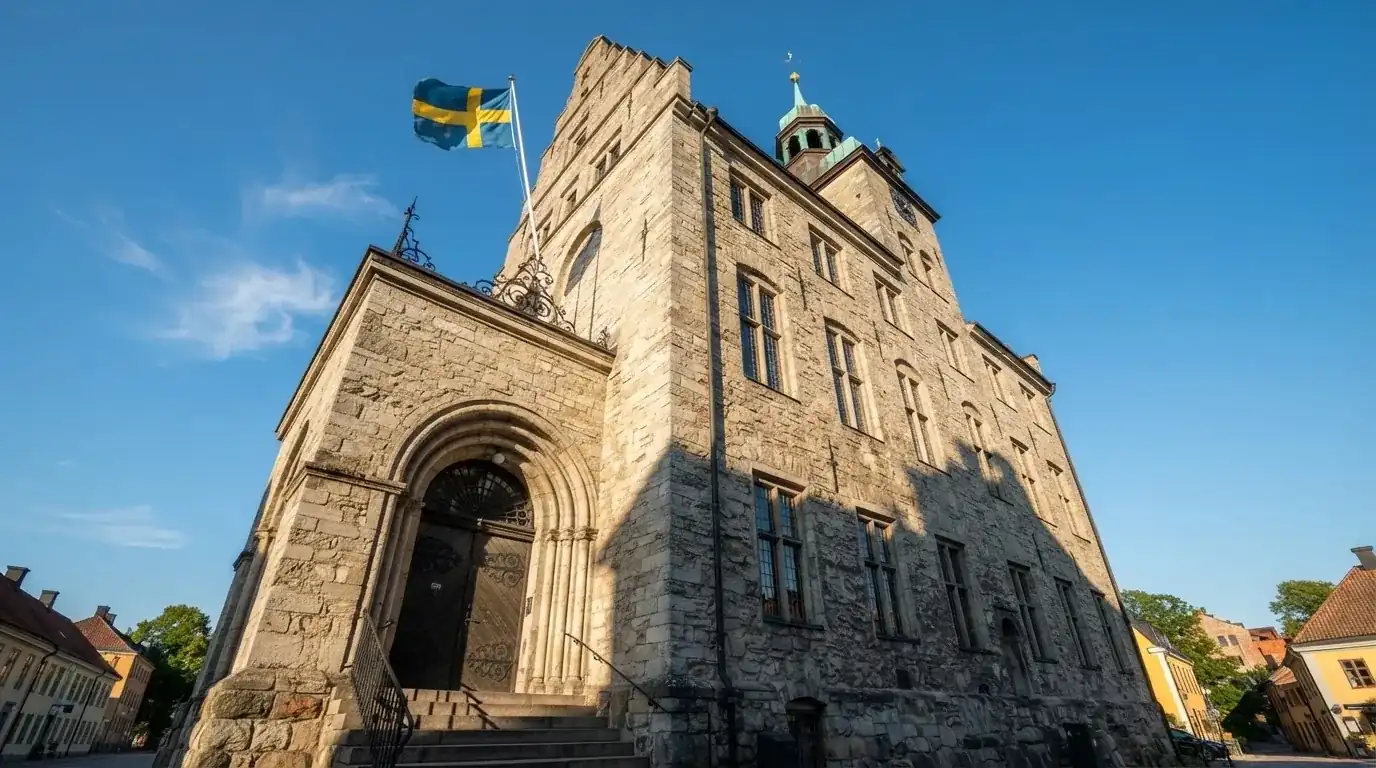 Ett gammalt stadshus i sten fotograferat underifrån mot en klarblå himmel, med den svenska flaggan som fladdrar ovanför entrén.