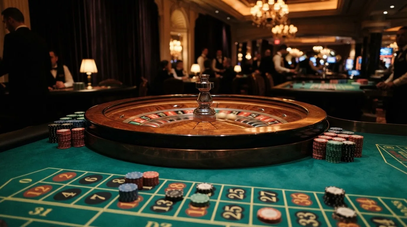 Roulettehjul och spelmarker på grön filt i varmt kvällsljus — blackjack gratis i sverige