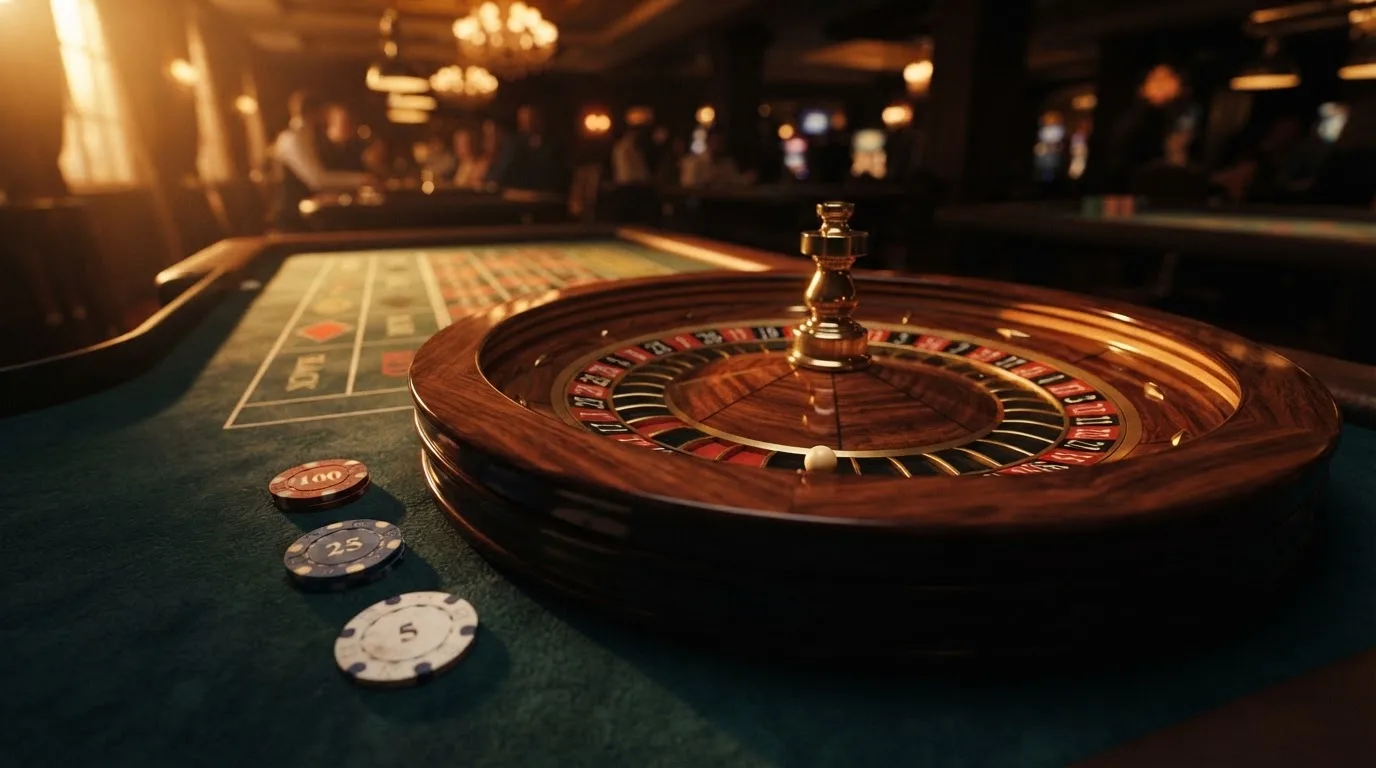 Roulettehjul och spelmarker på grön filt i varmt kvällsljus — blackjack med live dealer i sverige