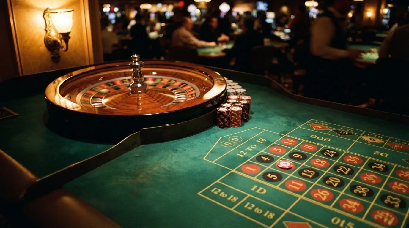 Roulettehjul och spelmarker på grön filt i varmt kvällsljus — blackjack på nätet i sverige