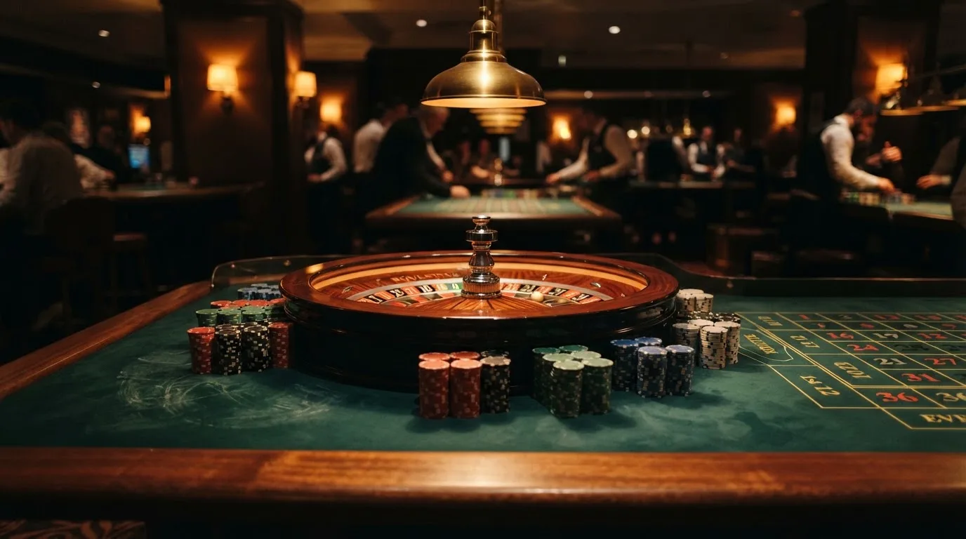 Roulettehjul och spelmarker på grön filt i varmt kvällsljus — bra svenska casinon