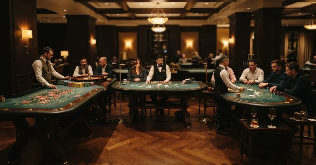 Tre olika spelbord bredvid varandra i en lugn, varmt upplyst spelsal — bra svenska casinon