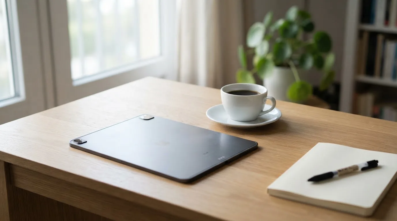 En person sitter vid ett skrivbord hemma med en surfplatta nedvänd bredvid en kopp kaffe i morgonljus.