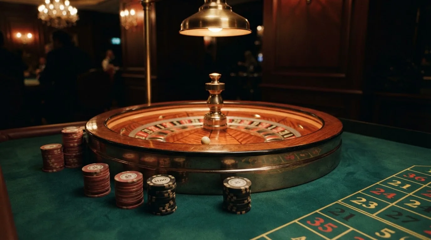 Roulettehjul och spelmarker på grön filt i varmt kvällsljus — casino regler för svenskar