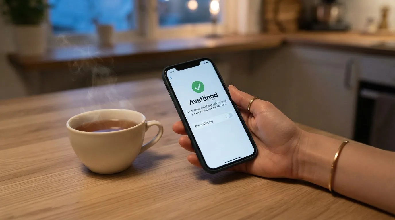 Hand håller en mobiltelefon bredvid en kopp te vid ett köksbord en lugn kväll — casino regler för svenskar