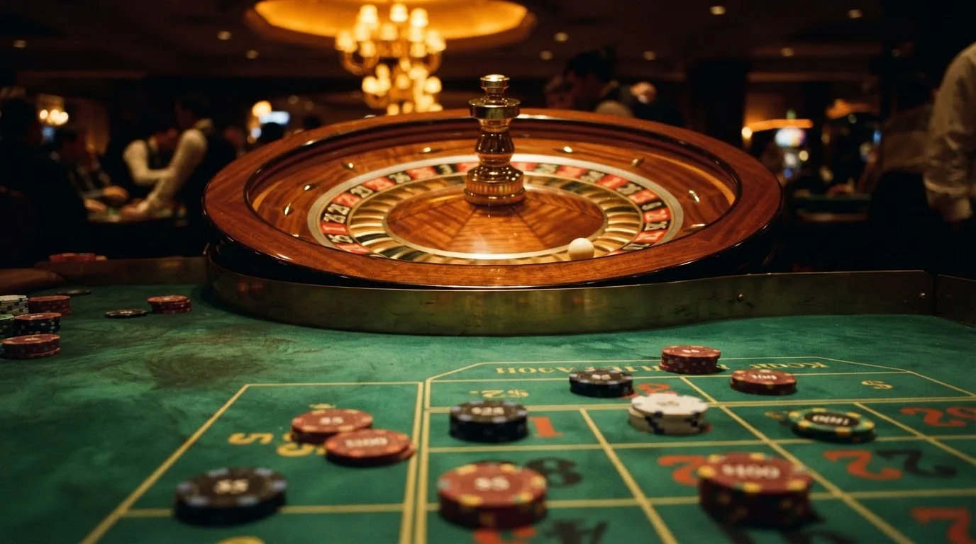 Roulettehjul och spelmarker på grön filt i varmt kvällsljus — casinon med bankid i sverige