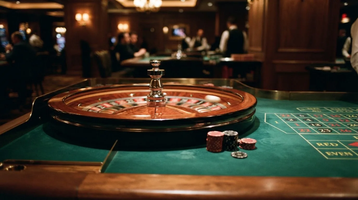 Roulettehjul och spelmarker på grön filt i varmt kvällsljus — casinon med curaçao licens