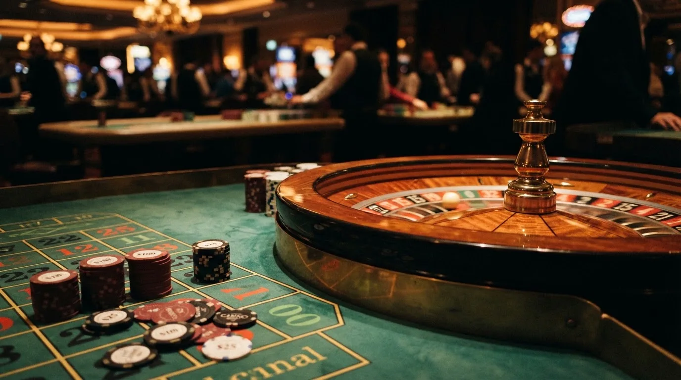 Roulettehjul och spelmarker på grön filt i varmt kvällsljus — casinon med jackpot i sverige
