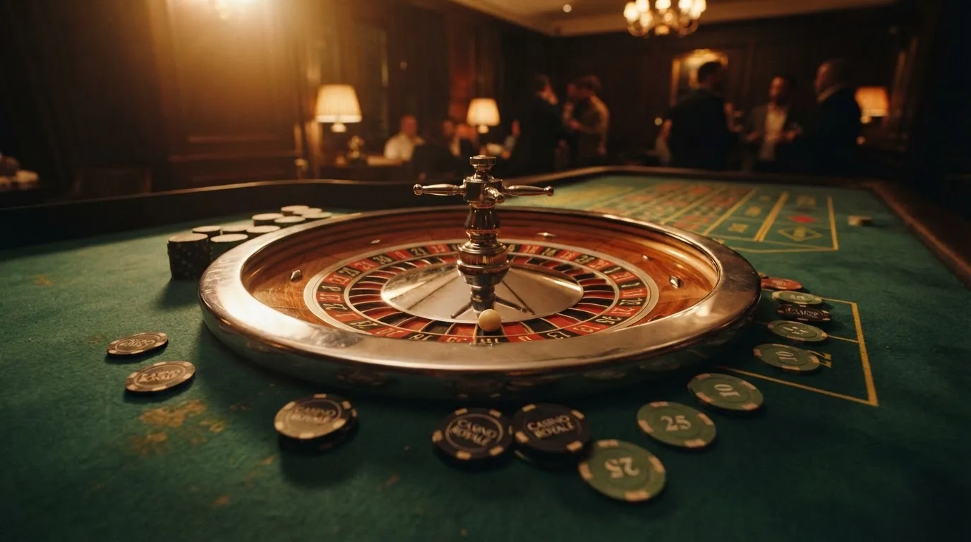 Roulettehjul och spelmarker på grön filt i varmt kvällsljus — casinon med slots i sverige