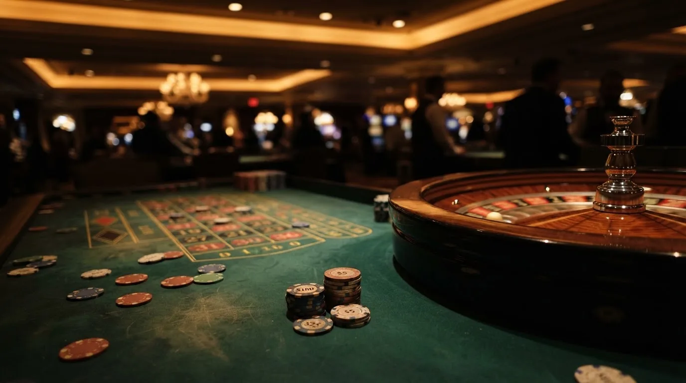 Roulettehjul och spelmarker på grön filt i varmt kvällsljus — casinon med uttag i sverige