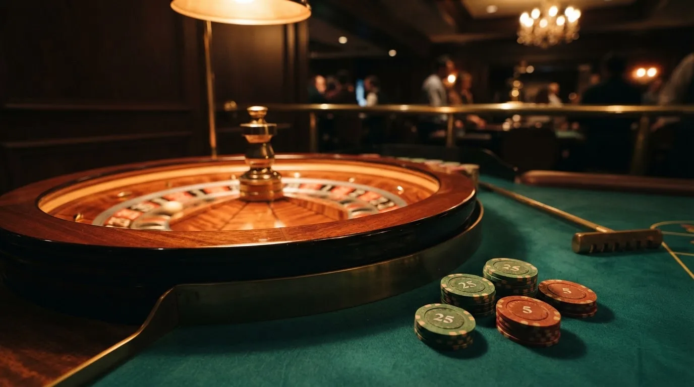 Roulettehjul och spelmarker på grön filt i varmt kvällsljus — casinon utan bankid i sverige