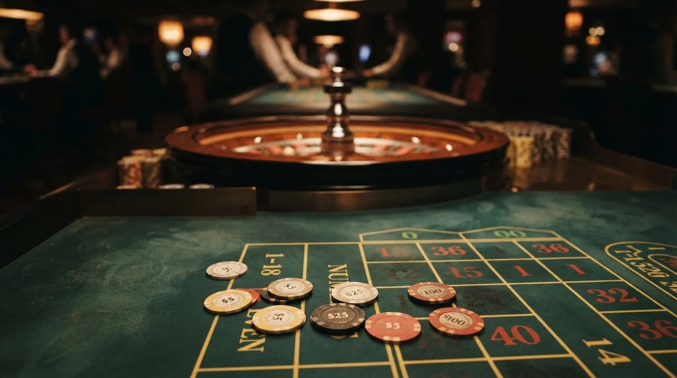 Roulettehjul och spelmarker på grön filt i varmt kvällsljus — casinon utan spelgräns i sverige