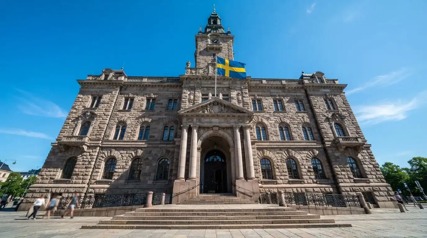 Ett gammalt stadshus i sten fotograferat underifrån mot en klarblå himmel, med den svenska flaggan som fladdrar ovanför entrén.