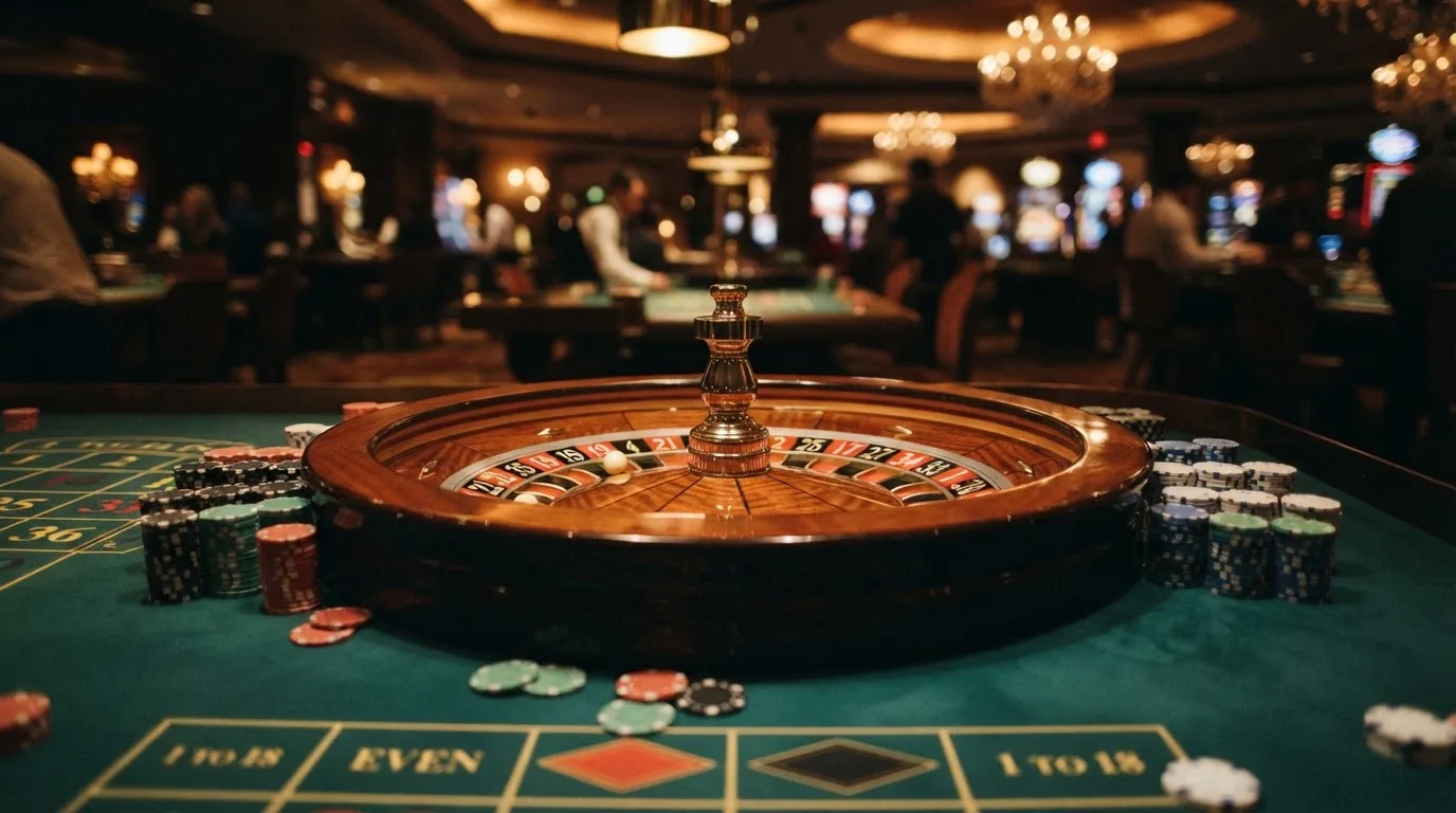 Roulettehjul och spelmarker på grön filt i varmt kvällsljus — svenska casinon med bitcoin