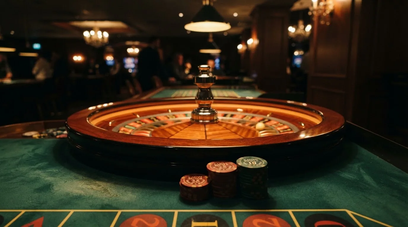 Roulettehjul och spelmarker på grön filt i varmt kvällsljus — svenska casinon med dogecoin