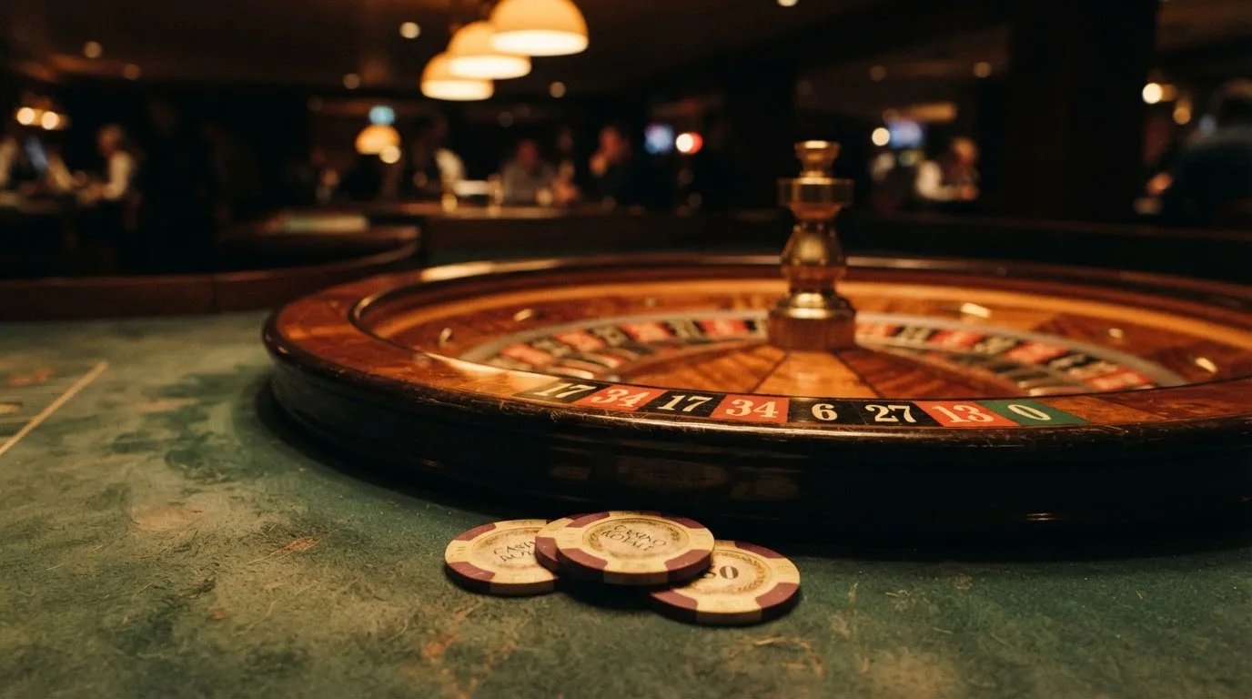 Roulettehjul och spelmarker på grön filt i varmt kvällsljus — svenska casinon på android