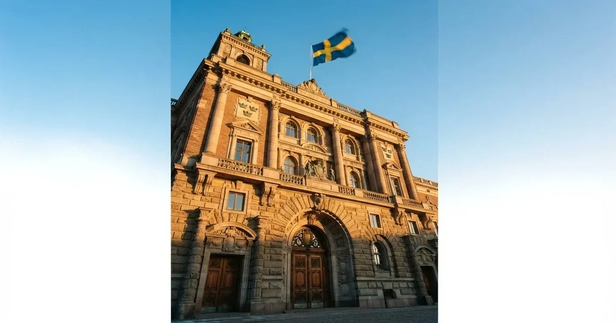 Ett gammalt stadshus i sten fotograferat underifrån mot en klarblå himmel, med den svenska flaggan som fladdrar ovanför entrén.