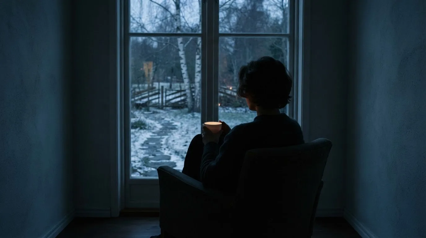 En person sitter ensam vid ett fönster i skymningen och håller en tekopp, med en rofylld vinterträdgård synlig utanför glaset.